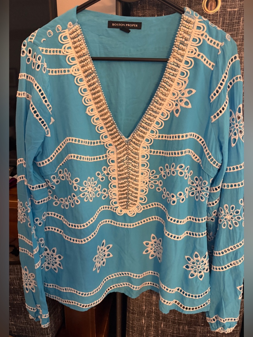 Boston Proper Turquoise Beaded V-Neck Embroidered Swim Coverup